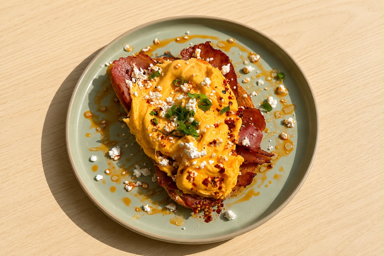 Hot honey chilli scrambled eggs with bacon and feta on sourdough
